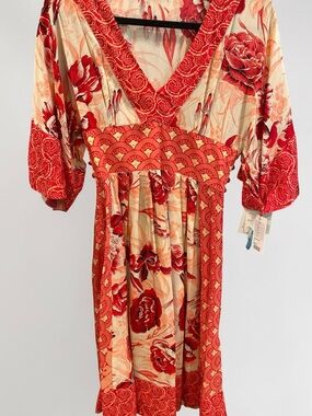 NWT Anthropologie Tracy Reese Red and Cream Floral V-Neck Midi Dress